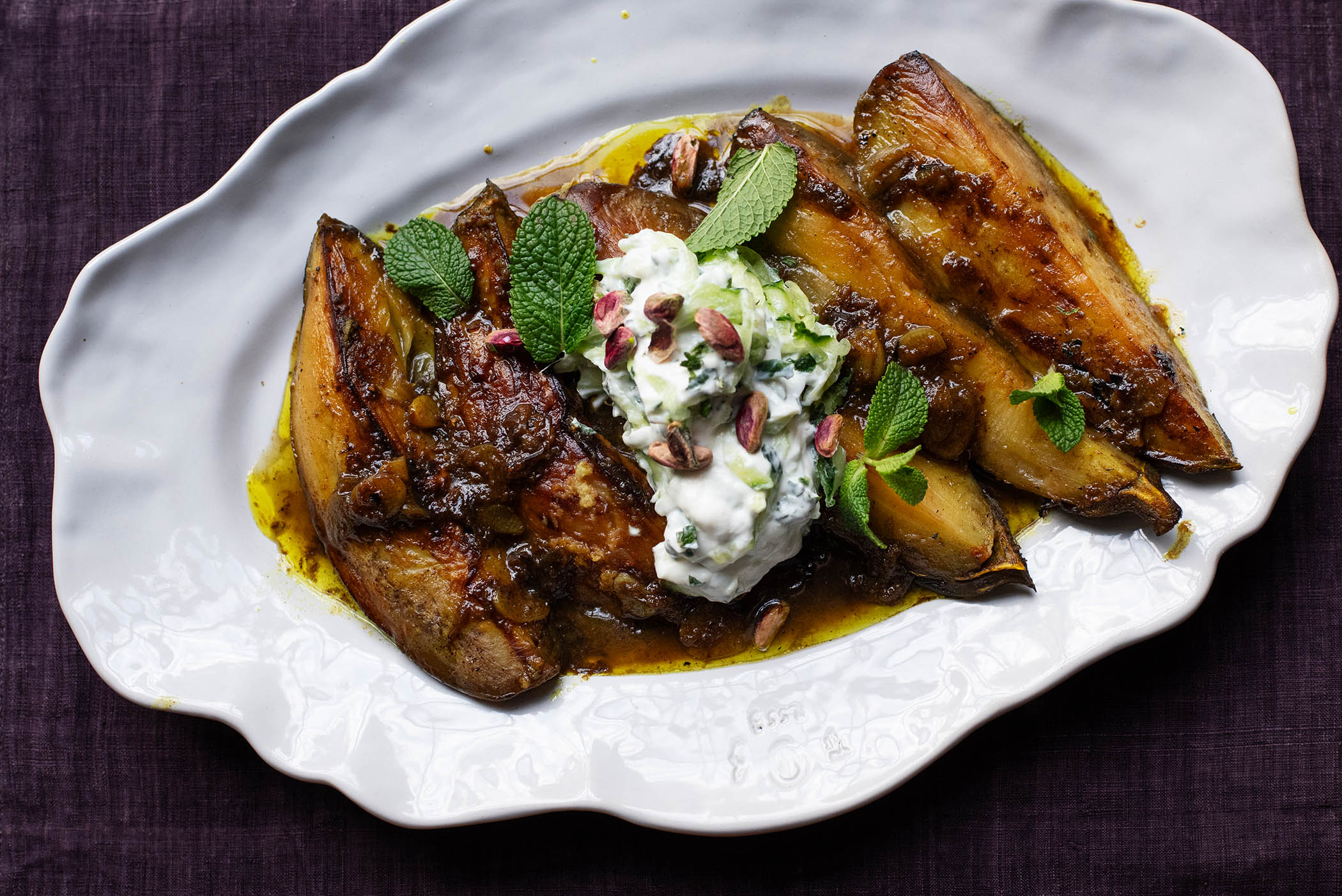 Nigel Slater’s midweek dinner: slow-cooked aubergine with yoghurt sauce