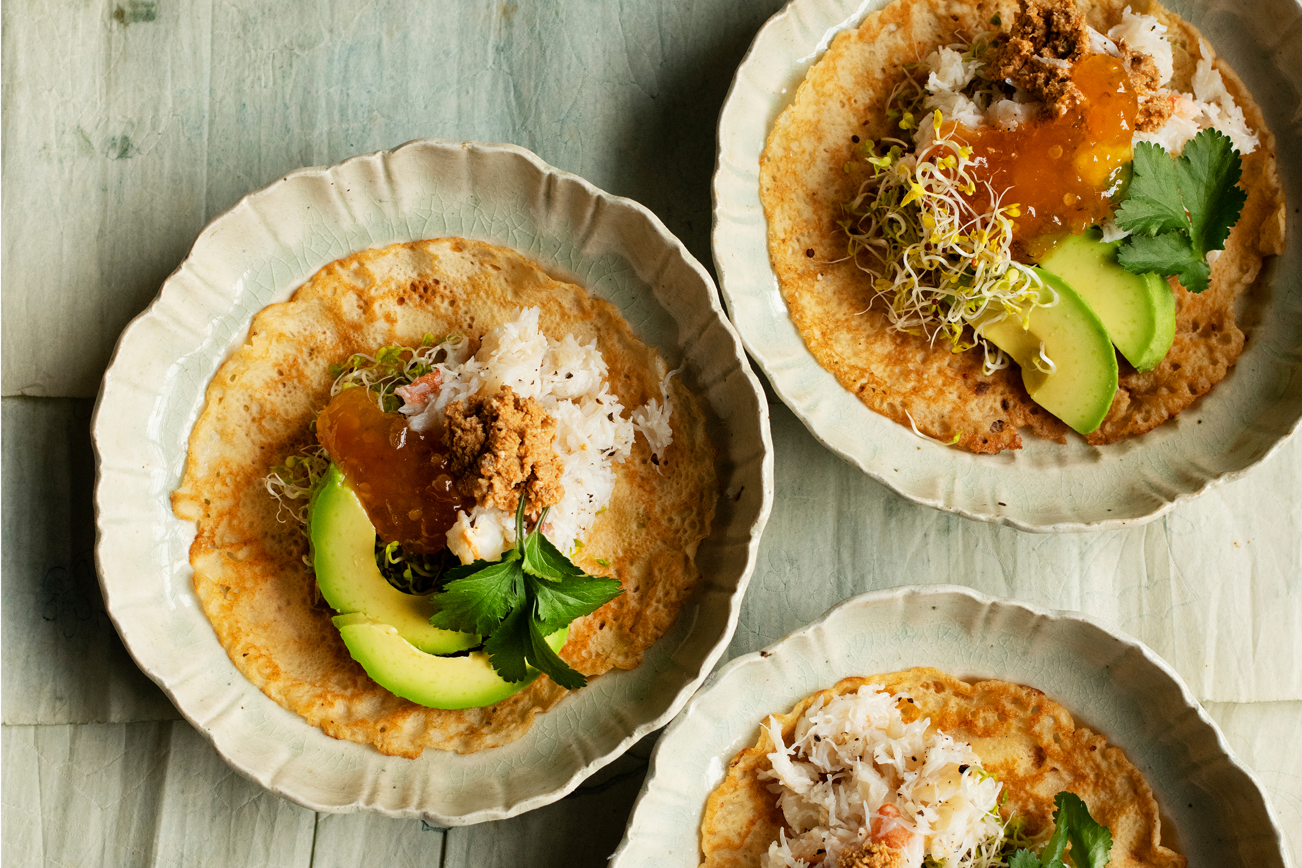 Nigel Slater’s spring onion pancakes with crab and avocado